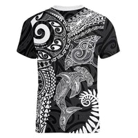 Aotearoa Maori Sea Animals Tribal Women V-Neck T-Shirt Manta Ray and Shark Moko Pattern Black Color LT03 - Polynesian Pride