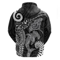 Aotearoa Maori Sea Animals Tribal Zip Hoodie Manta Ray and Shark Moko Pattern Black Color LT03 - Polynesian Pride