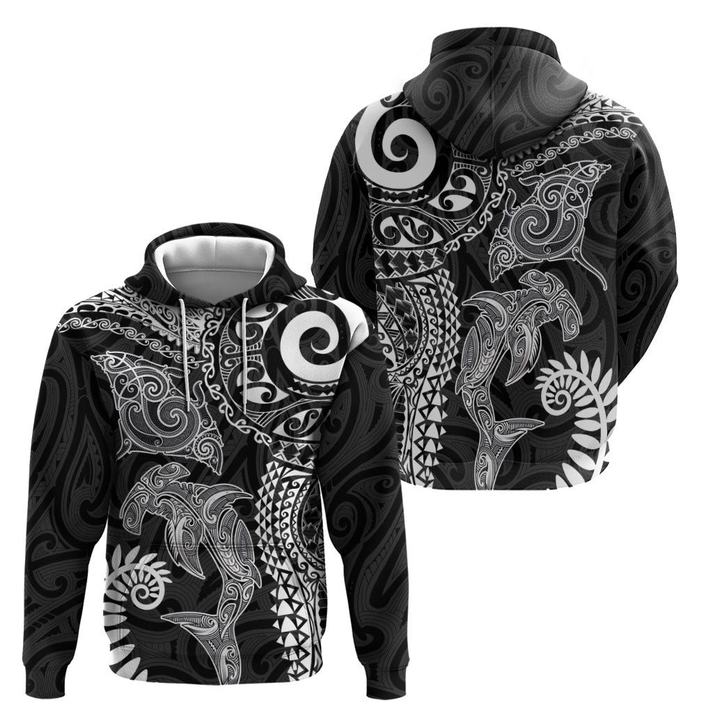 Aotearoa Maori Sea Animals Tribal Zip Hoodie Manta Ray and Shark Moko Pattern Black Color LT03 - Polynesian Pride
