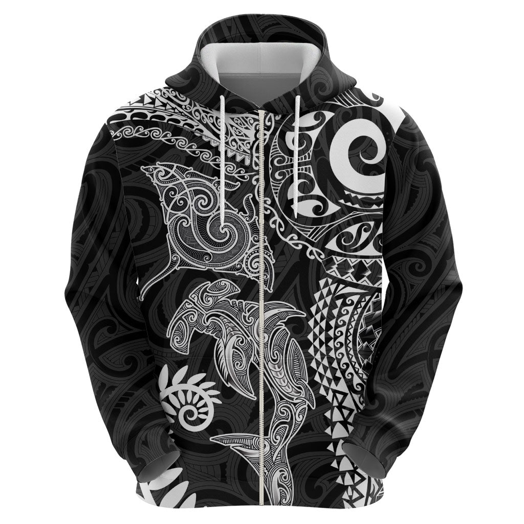 Aotearoa Maori Sea Animals Tribal Zip Hoodie Manta Ray and Shark Moko Pattern Black Color LT03 - Polynesian Pride