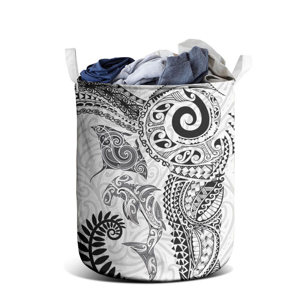 Aotearoa Maori Sea Animals Tribal Laundry Basket Manta Ray and Shark Moko Pattern White Color