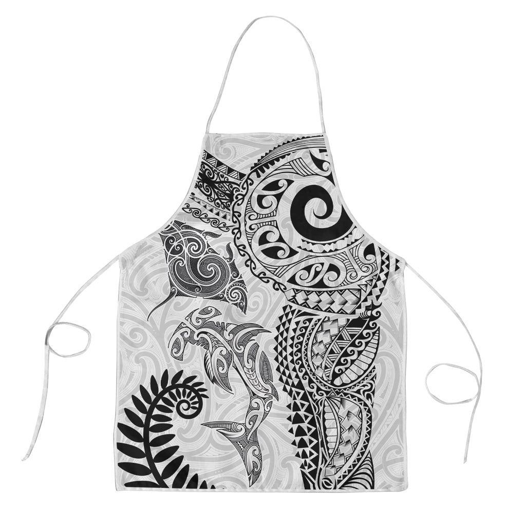 Aotearoa Maori Sea Animals Tribal Apron Manta Ray and Shark Moko Pattern White Color LT03 White - Polynesian Pride