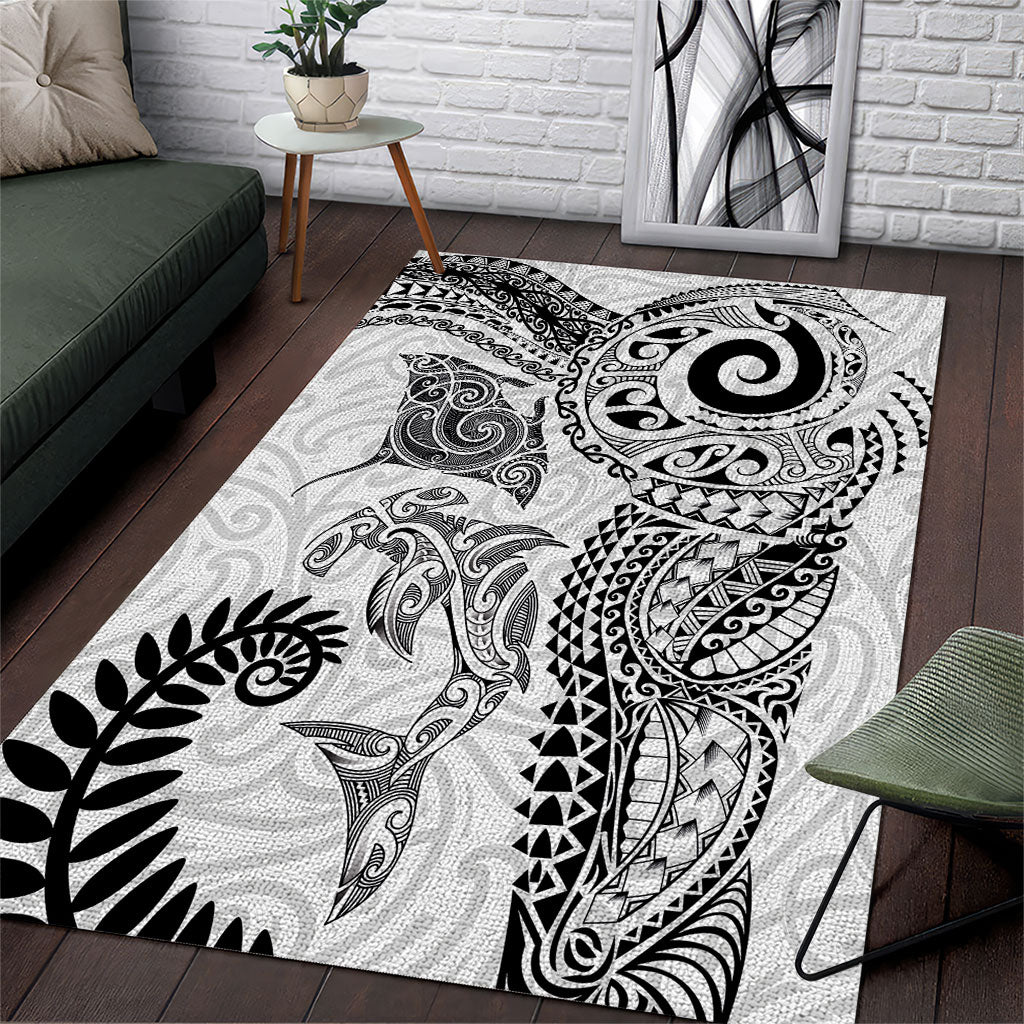 Aotearoa Maori Sea Animals Tribal Area Rug Manta Ray and Shark Moko Pattern White Color LT03 White - Polynesian Pride
