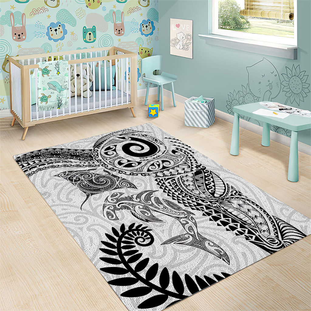 Aotearoa Maori Sea Animals Tribal Area Rug Manta Ray and Shark Moko Pattern White Color