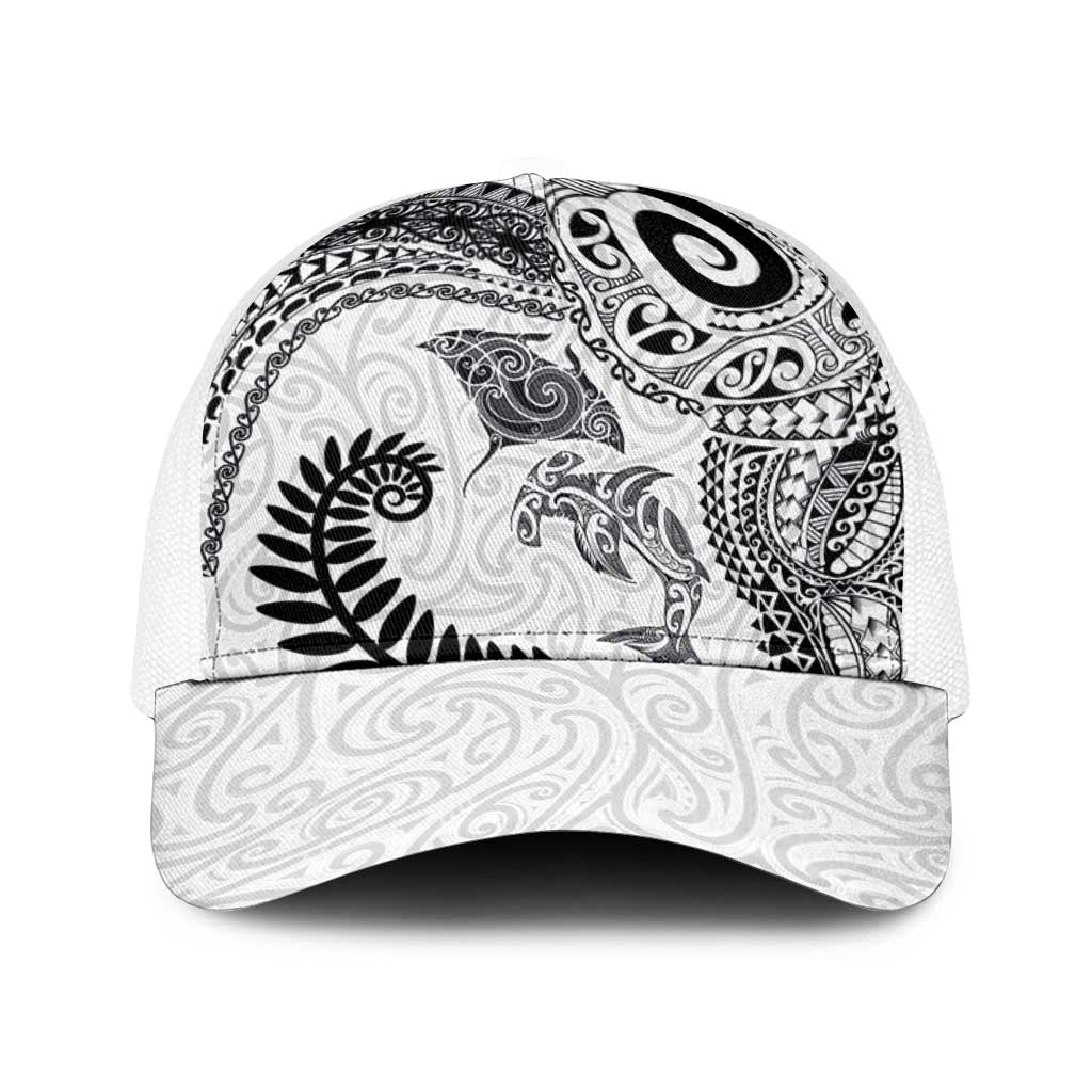 Aotearoa Maori Sea Animals Tribal Baseball Net Cap Manta Ray and Shark Moko Pattern White Color LT03 One Size White White - Polynesian Pride