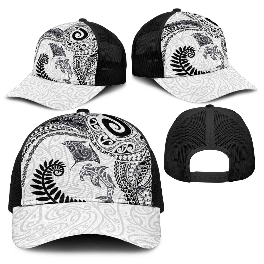 Aotearoa Maori Sea Animals Tribal Baseball Net Cap Manta Ray and Shark Moko Pattern White Color LT03 - Polynesian Pride