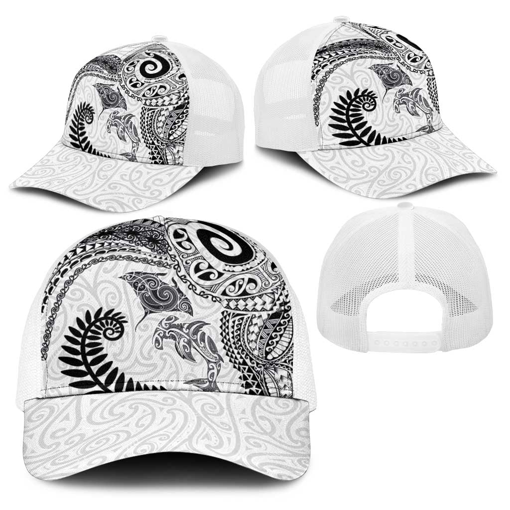Aotearoa Maori Sea Animals Tribal Baseball Net Cap Manta Ray and Shark Moko Pattern White Color LT03 - Polynesian Pride