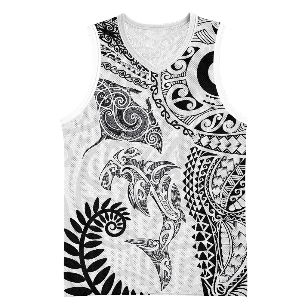 Aotearoa Maori Sea Animals Tribal Basketball Jersey Manta Ray and Shark Moko Pattern White Color LT03 Unisex White - Polynesian Pride