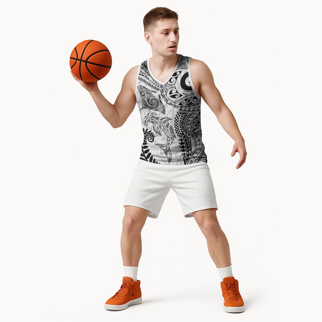 Aotearoa Maori Sea Animals Tribal Basketball Jersey Manta Ray and Shark Moko Pattern White Color LT03 - Polynesian Pride