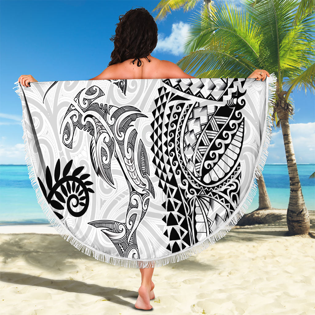 Aotearoa Maori Sea Animals Tribal Beach Blanket Manta Ray and Shark Moko Pattern White Color
