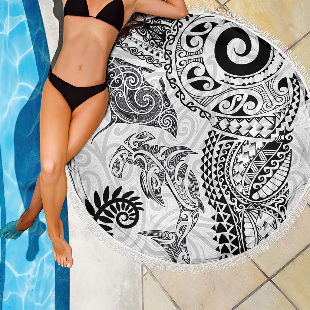 Aotearoa Maori Sea Animals Tribal Beach Blanket Manta Ray and Shark Moko Pattern White Color