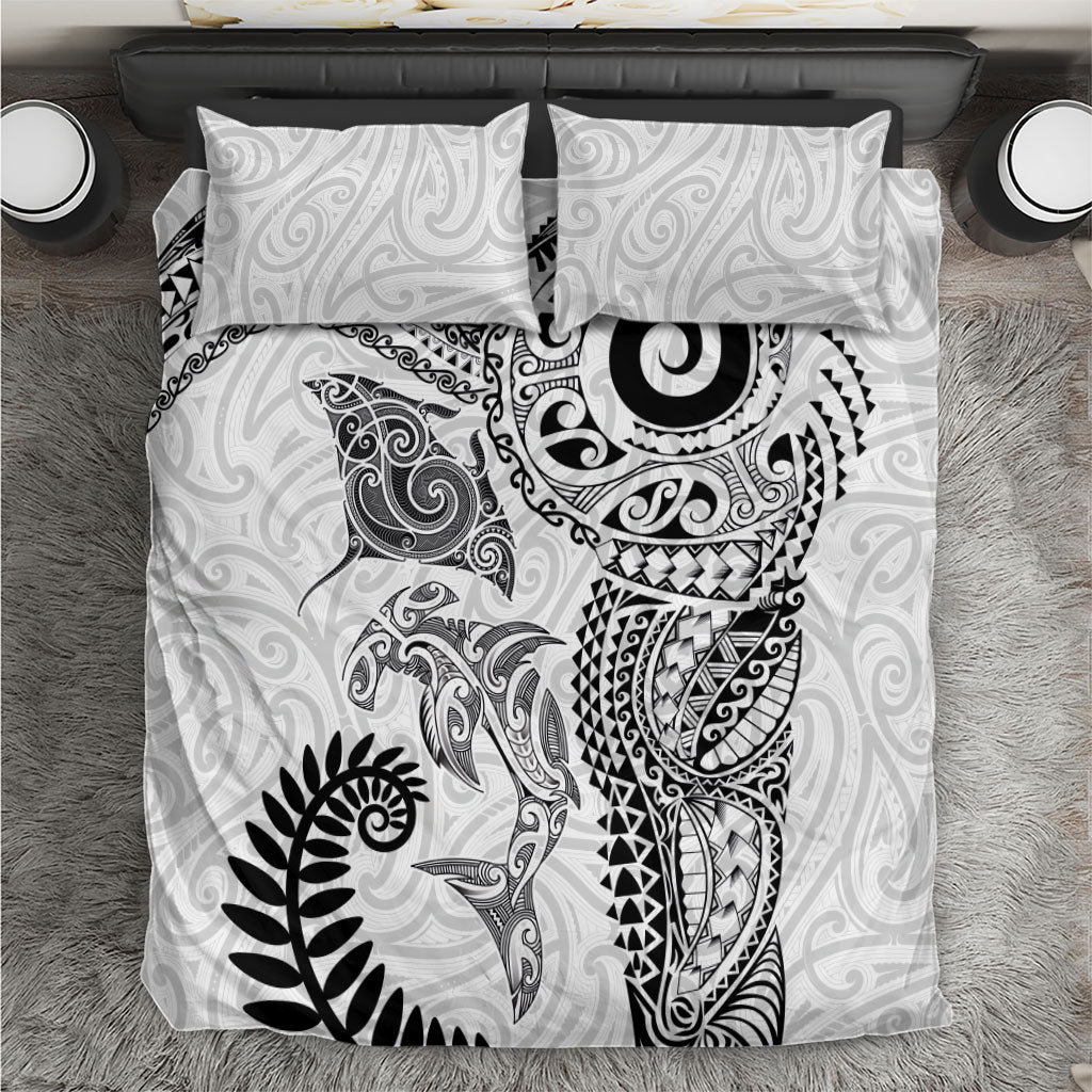 Aotearoa Maori Sea Animals Tribal Bedding Set Manta Ray and Shark Moko Pattern White Color LT03 White - Polynesian Pride