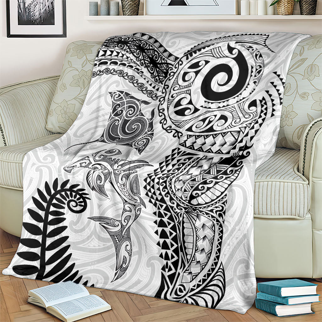 Aotearoa Maori Sea Animals Tribal Blanket Manta Ray and Shark Moko Pattern White Color