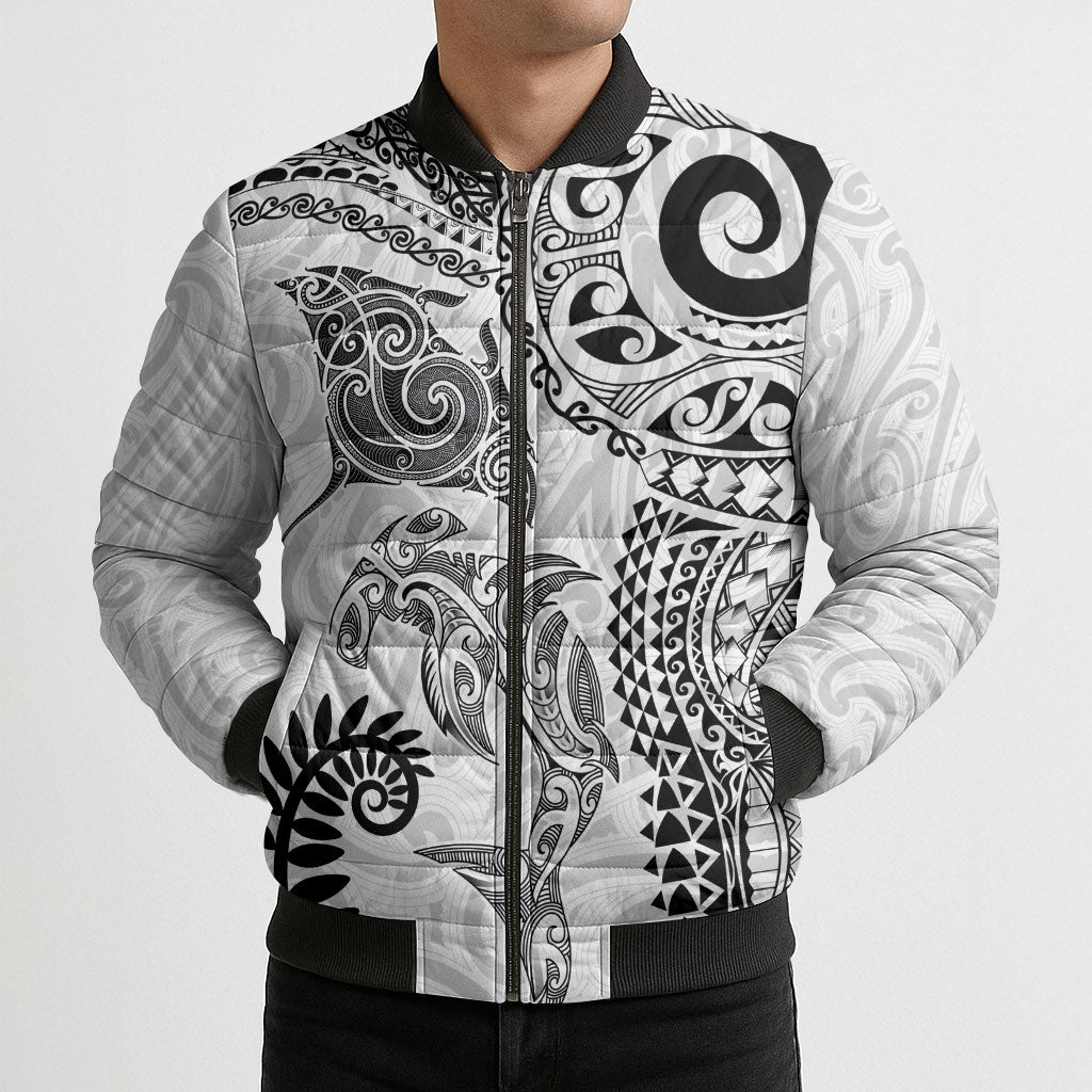 Aotearoa Maori Sea Animals Tribal Bomber Puffer Jacket Manta Ray and Shark Moko Pattern White Color