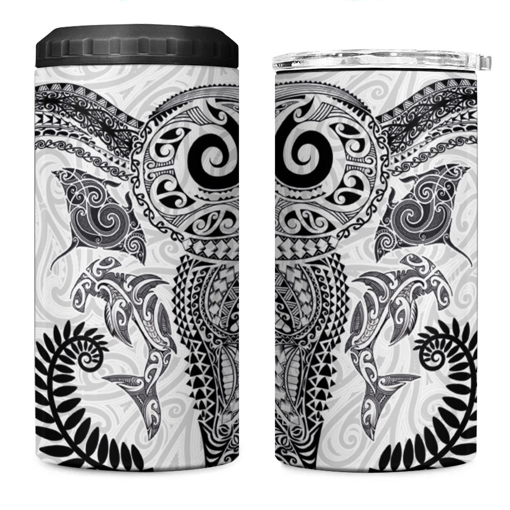 Aotearoa Maori Sea Animals Tribal 4 in 1 Can Cooler Tumbler Manta Ray and Shark Moko Pattern White Color LT03 One Size: 16 oz White - Polynesian Pride