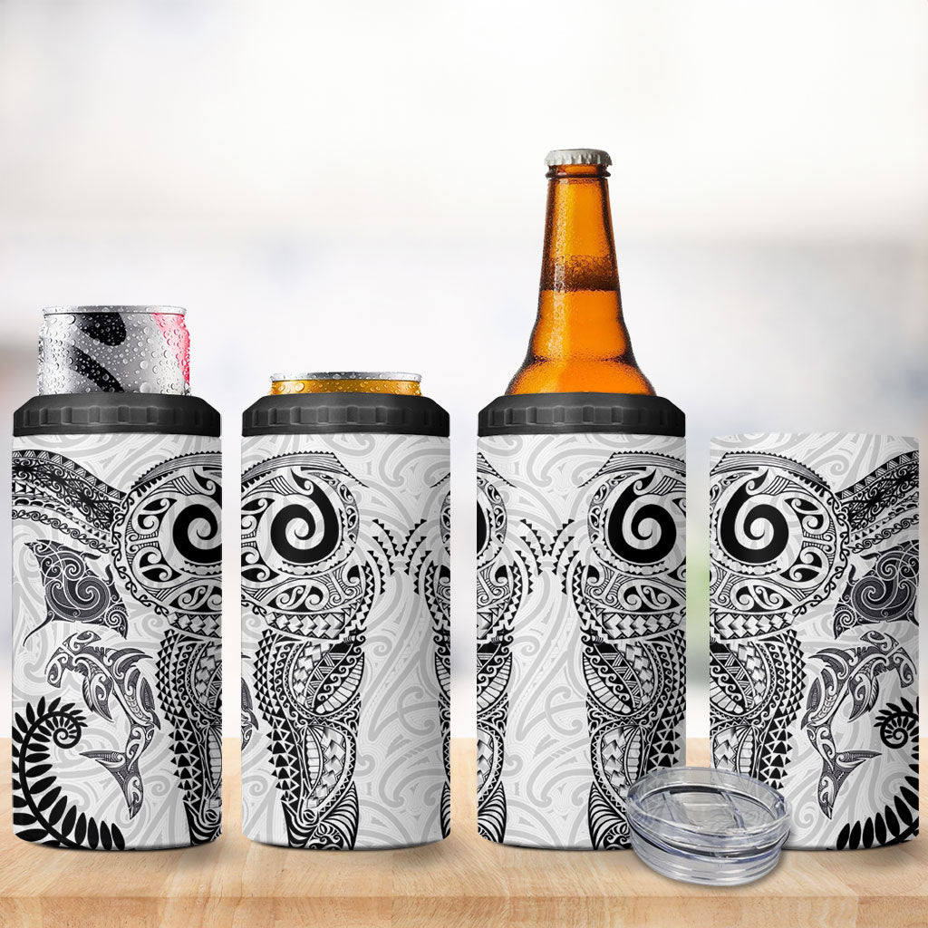 Aotearoa Maori Sea Animals Tribal 4 in 1 Can Cooler Tumbler Manta Ray and Shark Moko Pattern White Color LT03 - Polynesian Pride