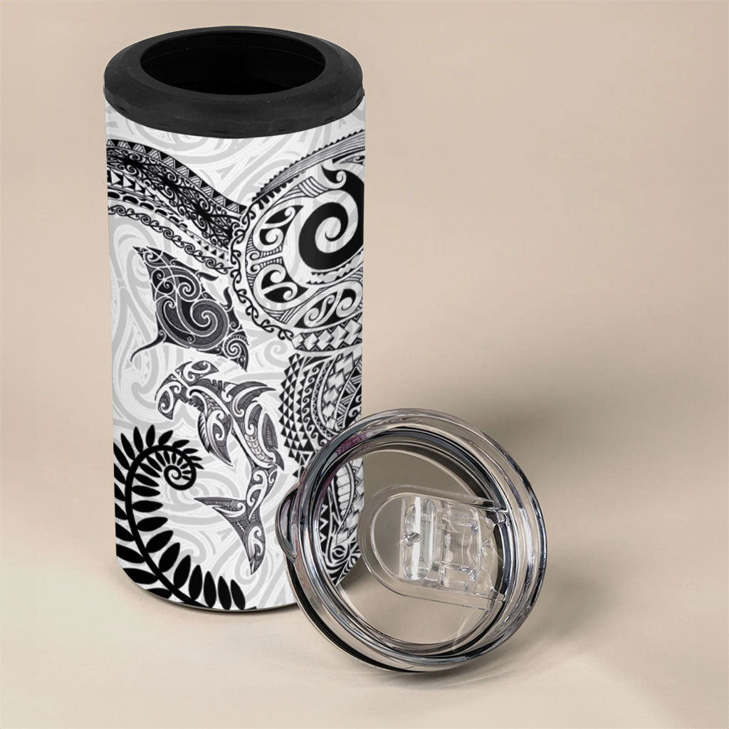 Aotearoa Maori Sea Animals Tribal 4 in 1 Can Cooler Tumbler Manta Ray and Shark Moko Pattern White Color LT03 - Polynesian Pride