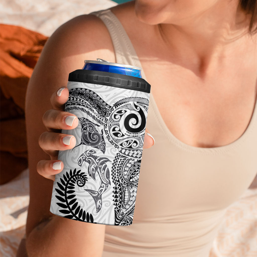 Aotearoa Maori Sea Animals Tribal 4 in 1 Can Cooler Tumbler Manta Ray and Shark Moko Pattern White Color LT03 - Polynesian Pride