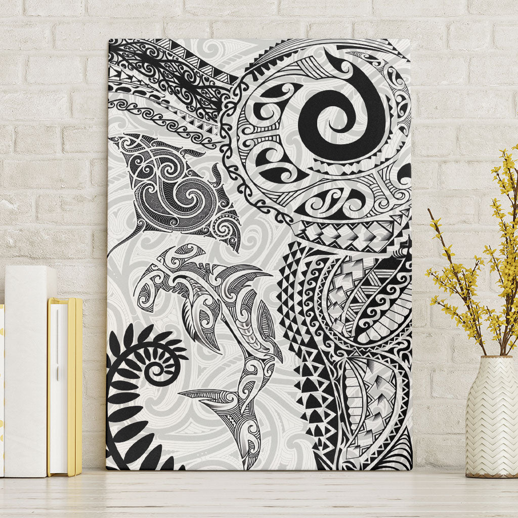 Aotearoa Maori Sea Animals Tribal Canvas Wall Art Manta Ray and Shark Moko Pattern White Color LT03 Without Frame White - Polynesian Pride