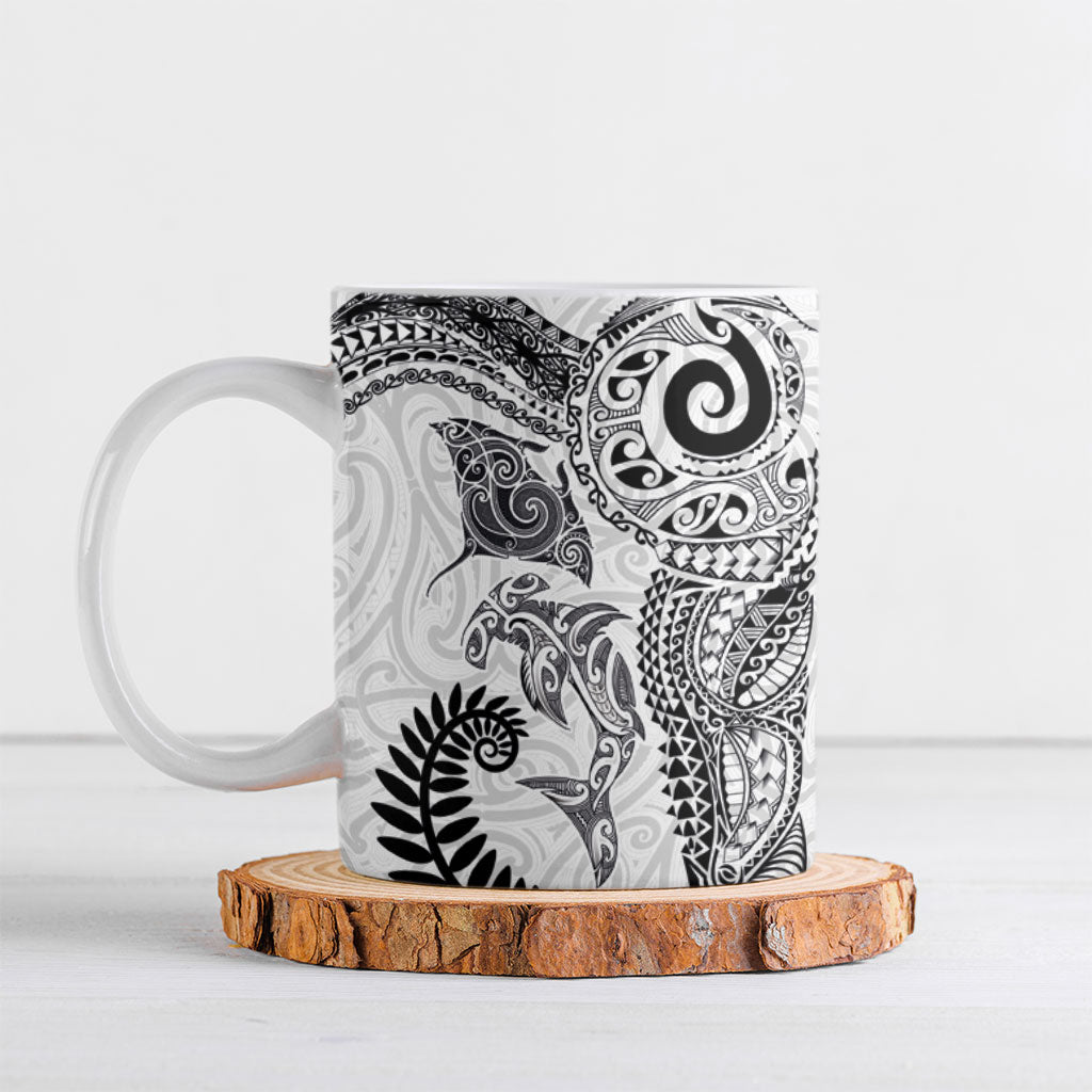 Aotearoa Maori Sea Animals Tribal Ceramic Mug Manta Ray and Shark Moko Pattern White Color LT03 White - Polynesian Pride