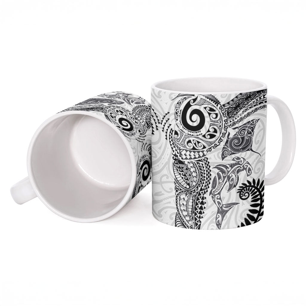 Aotearoa Maori Sea Animals Tribal Ceramic Mug Manta Ray and Shark Moko Pattern White Color LT03 - Polynesian Pride