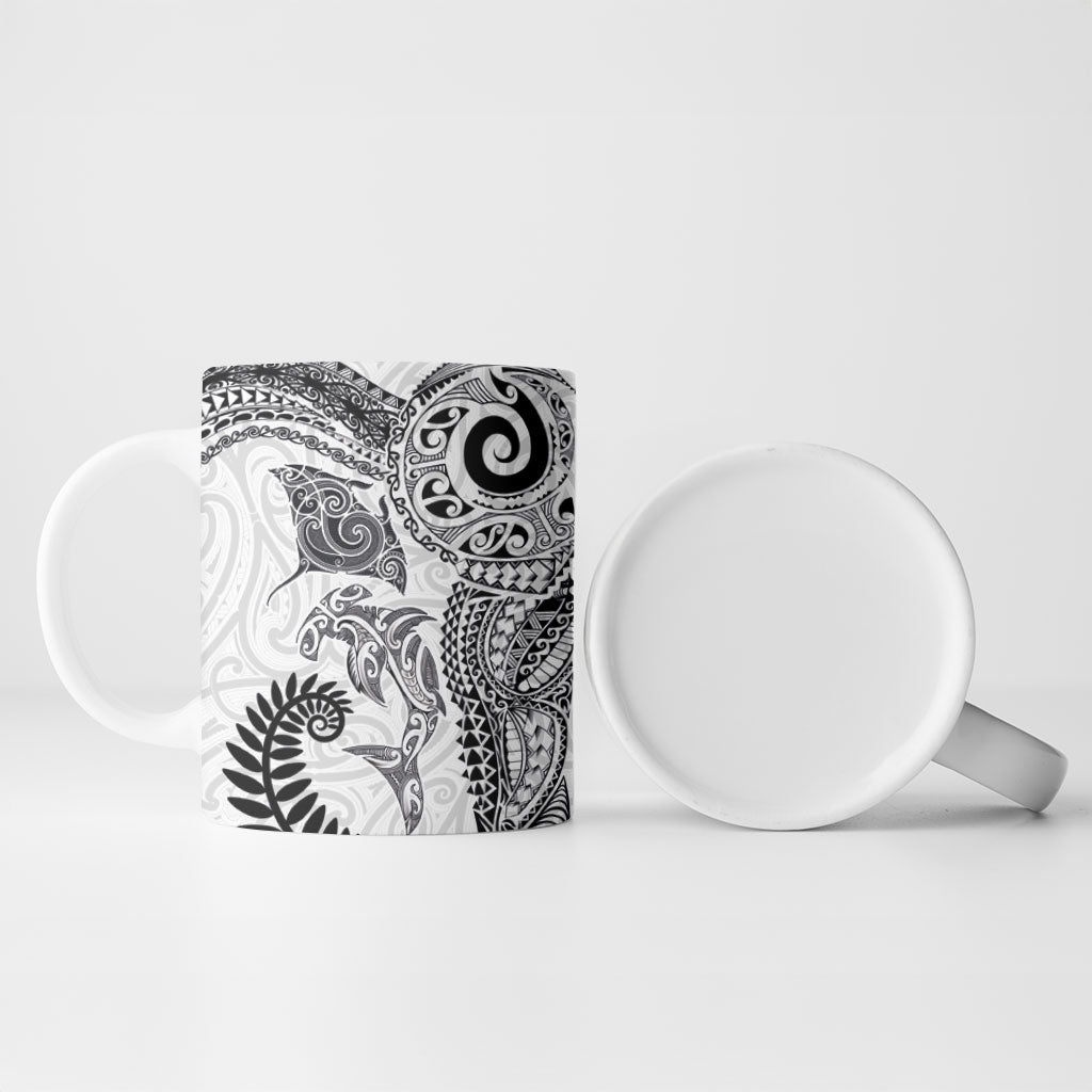 Aotearoa Maori Sea Animals Tribal Ceramic Mug Manta Ray and Shark Moko Pattern White Color LT03 - Polynesian Pride
