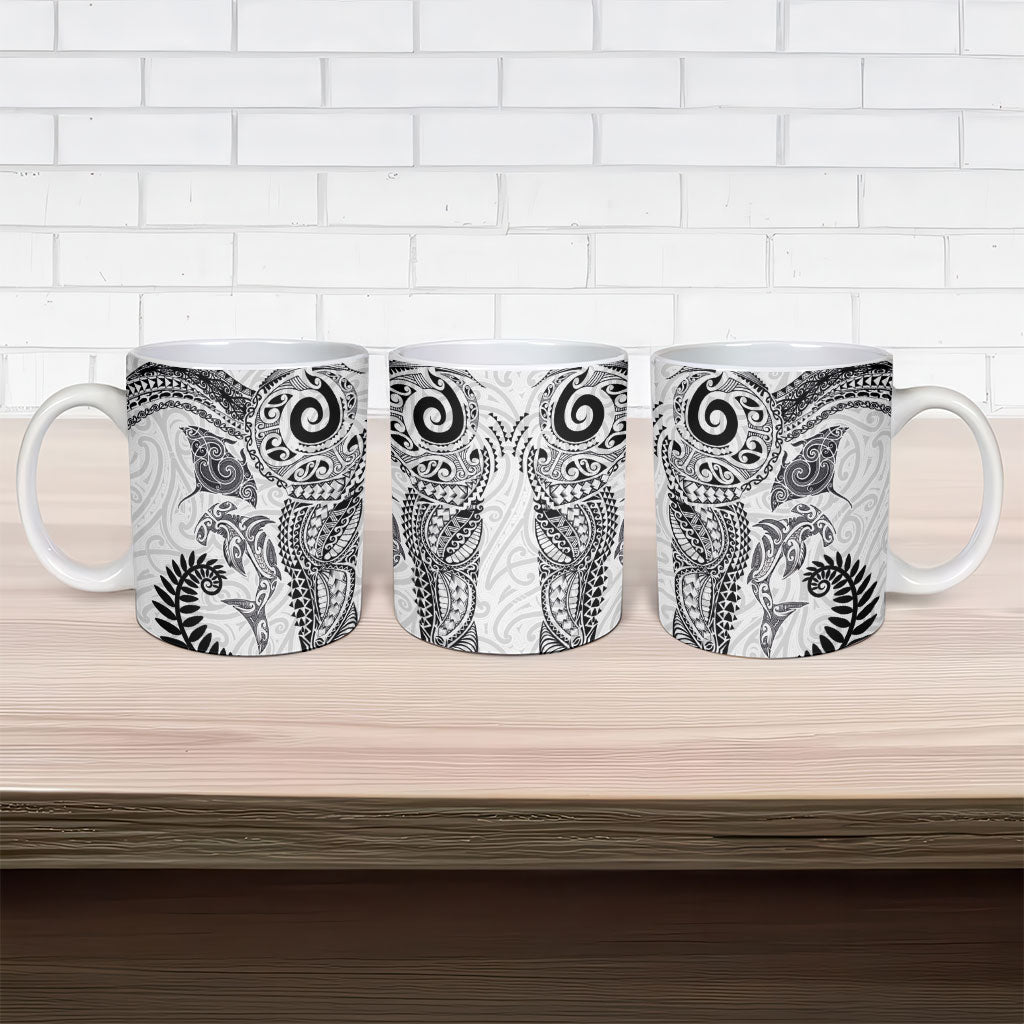Aotearoa Maori Sea Animals Tribal Ceramic Mug Manta Ray and Shark Moko Pattern White Color LT03 - Polynesian Pride
