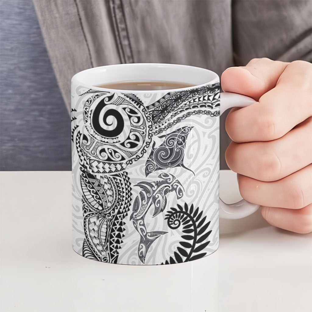 Aotearoa Maori Sea Animals Tribal Ceramic Mug Manta Ray and Shark Moko Pattern White Color LT03 - Polynesian Pride