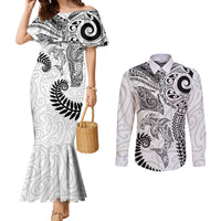 Aotearoa Maori Sea Animals Tribal Couples Matching Mermaid Dress and Long Sleeve Button Shirt Manta Ray and Shark Moko Pattern White Color LT03 White - Polynesian Pride