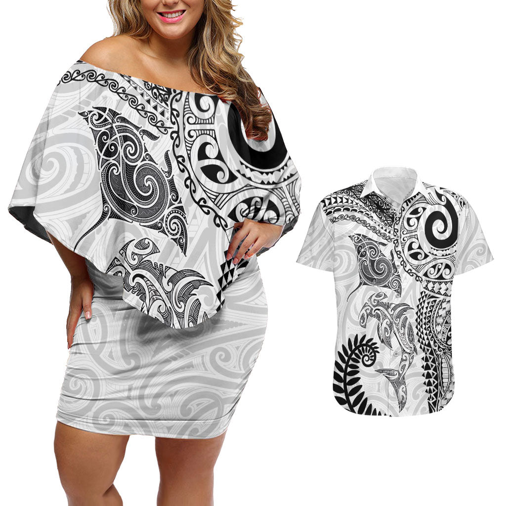 Aotearoa Maori Sea Animals Tribal Couples Matching Off Shoulder Short Dress and Hawaiian Shirt Manta Ray and Shark Moko Pattern White Color LT03 White - Polynesian Pride