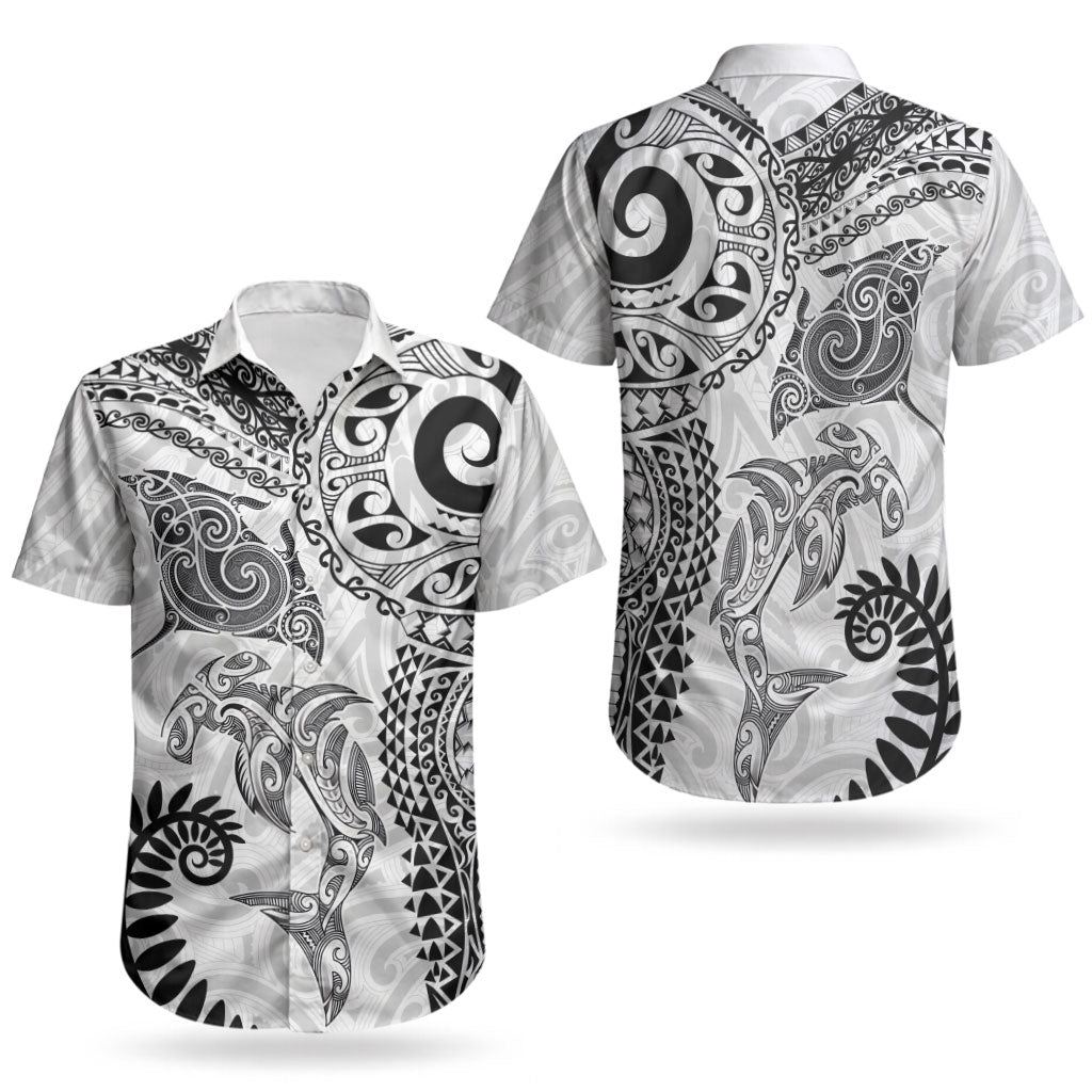 Aotearoa Maori Sea Animals Tribal Couples Matching Off Shoulder Short Dress and Hawaiian Shirt Manta Ray and Shark Moko Pattern White Color LT03 - Polynesian Pride