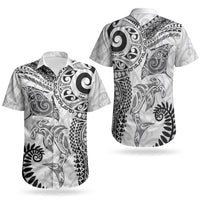 Aotearoa Maori Sea Animals Tribal Couples Matching Off Shoulder Short Dress and Hawaiian Shirt Manta Ray and Shark Moko Pattern White Color LT03 - Polynesian Pride