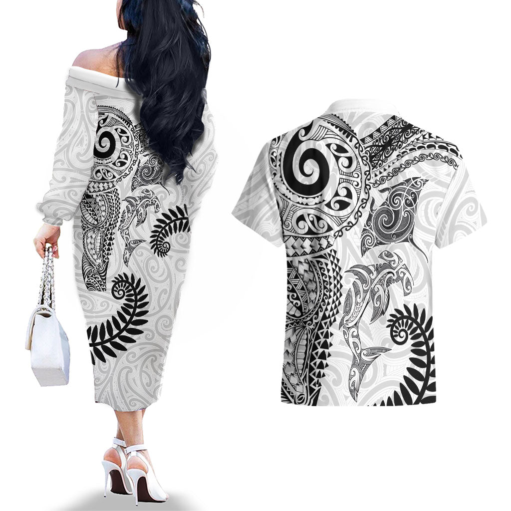 Aotearoa Maori Sea Animals Tribal Couples Matching Off The Shoulder Long Sleeve Dress and Hawaiian Shirt Manta Ray and Shark Moko Pattern White Color LT03 - Polynesian Pride