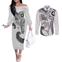 Aotearoa Maori Sea Animals Tribal Couples Matching Off The Shoulder Long Sleeve Dress and Long Sleeve Button Shirt Manta Ray and Shark Moko Pattern White Color LT03 White - Polynesian Pride