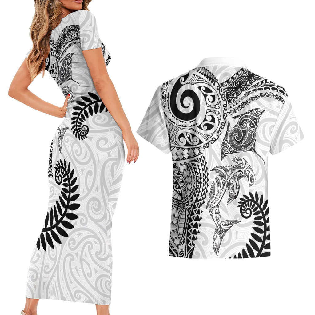 Aotearoa Maori Sea Animals Tribal Couples Matching Short Sleeve Bodycon Dress and Hawaiian Shirt Manta Ray and Shark Moko Pattern White Color LT03 - Polynesian Pride