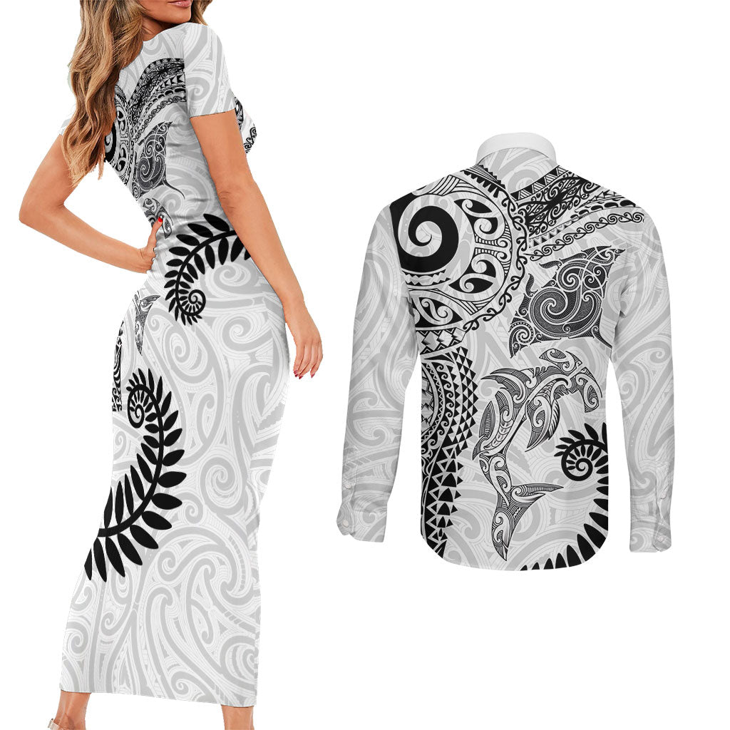 Aotearoa Maori Sea Animals Tribal Couples Matching Short Sleeve Bodycon Dress and Long Sleeve Button Shirt Manta Ray and Shark Moko Pattern White Color LT03 - Polynesian Pride