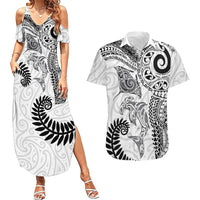 Aotearoa Maori Sea Animals Tribal Couples Matching Summer Maxi Dress and Hawaiian Shirt Manta Ray and Shark Moko Pattern White Color LT03 White - Polynesian Pride