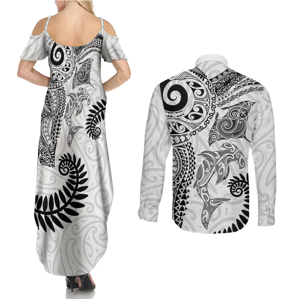 Aotearoa Maori Sea Animals Tribal Couples Matching Summer Maxi Dress and Long Sleeve Button Shirt Manta Ray and Shark Moko Pattern White Color LT03 - Polynesian Pride