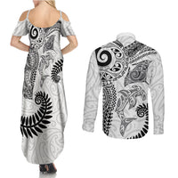 Aotearoa Maori Sea Animals Tribal Couples Matching Summer Maxi Dress and Long Sleeve Button Shirt Manta Ray and Shark Moko Pattern White Color LT03 - Polynesian Pride
