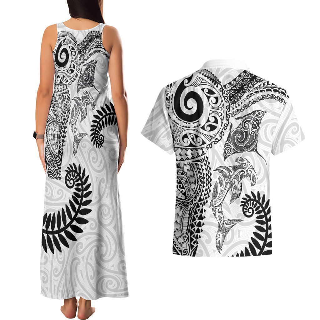 Aotearoa Maori Sea Animals Tribal Couples Matching Tank Maxi Dress and Hawaiian Shirt Manta Ray and Shark Moko Pattern White Color LT03 - Polynesian Pride