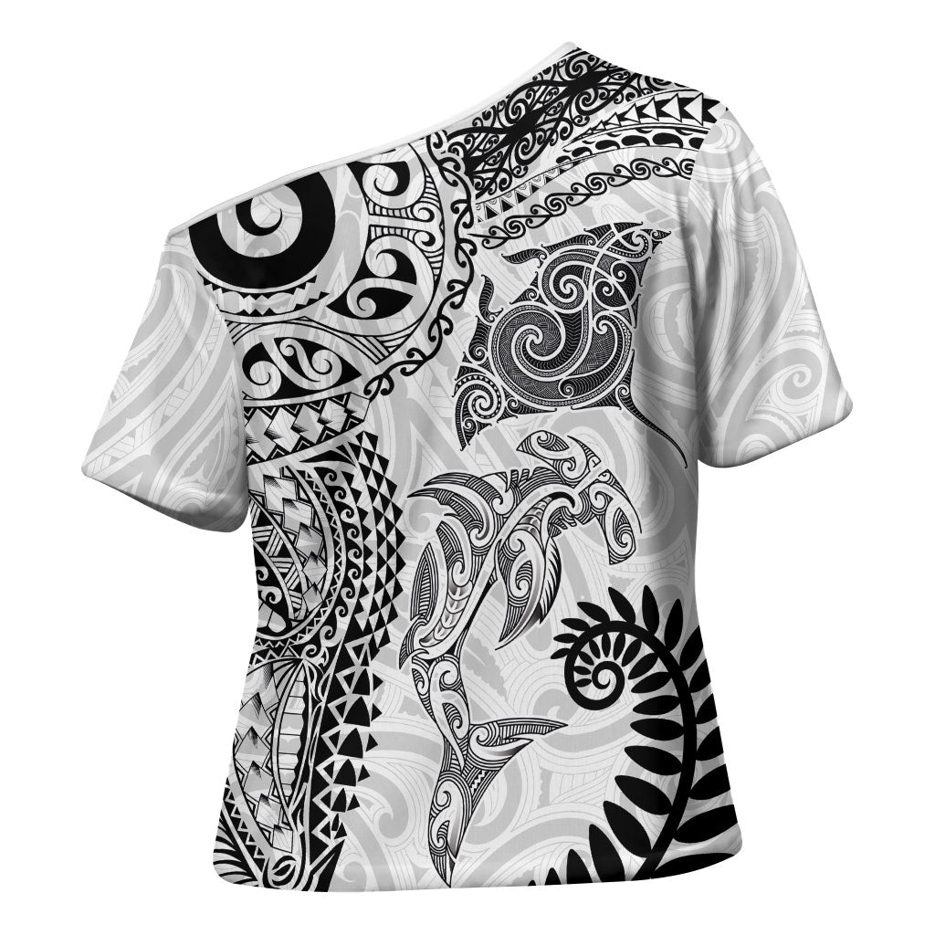 Aotearoa Maori Sea Animals Tribal Cross Shoulder Shirt Manta Ray and Shark Moko Pattern White Color LT03 - Polynesian Pride