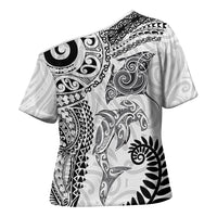 Aotearoa Maori Sea Animals Tribal Cross Shoulder Shirt Manta Ray and Shark Moko Pattern White Color LT03 - Polynesian Pride