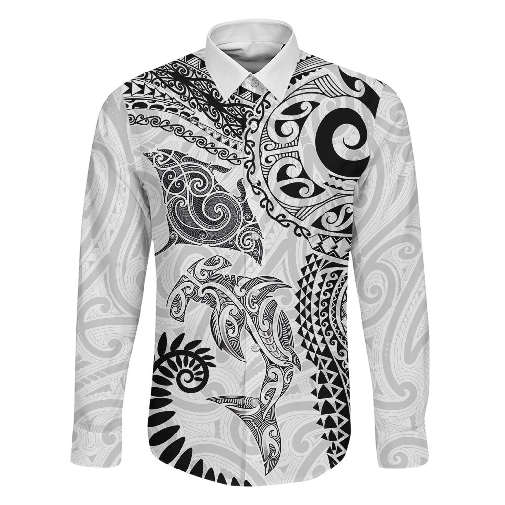 Aotearoa Maori Sea Animals Tribal Family Matching Long Sleeve Bodycon Dress and Hawaiian Shirt Manta Ray and Shark Moko Pattern White Color LT03 Dad's Shirt - Long Sleeve White - Polynesian Pride