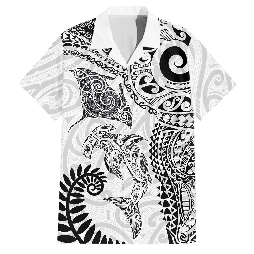 Aotearoa Maori Sea Animals Tribal Family Matching Off The Shoulder Long Sleeve Dress and Hawaiian Shirt Manta Ray and Shark Moko Pattern White Color LT03 Dad's Shirt - Short Sleeve White - Polynesian Pride