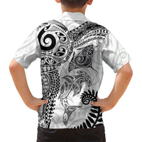 Aotearoa Maori Sea Animals Tribal Family Matching Off Shoulder Maxi Dress and Hawaiian Shirt Manta Ray and Shark Moko Pattern White Color LT03 - Polynesian Pride