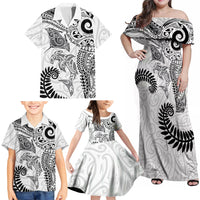 Aotearoa Maori Sea Animals Tribal Family Matching Off Shoulder Maxi Dress and Hawaiian Shirt Manta Ray and Shark Moko Pattern White Color LT03 - Polynesian Pride