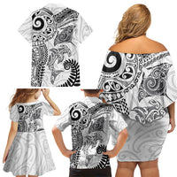 Aotearoa Maori Sea Animals Tribal Family Matching Off Shoulder Short Dress and Hawaiian Shirt Manta Ray and Shark Moko Pattern White Color LT03 - Polynesian Pride