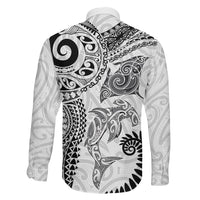 Aotearoa Maori Sea Animals Tribal Family Matching Off Shoulder Short Dress and Hawaiian Shirt Manta Ray and Shark Moko Pattern White Color LT03 - Polynesian Pride