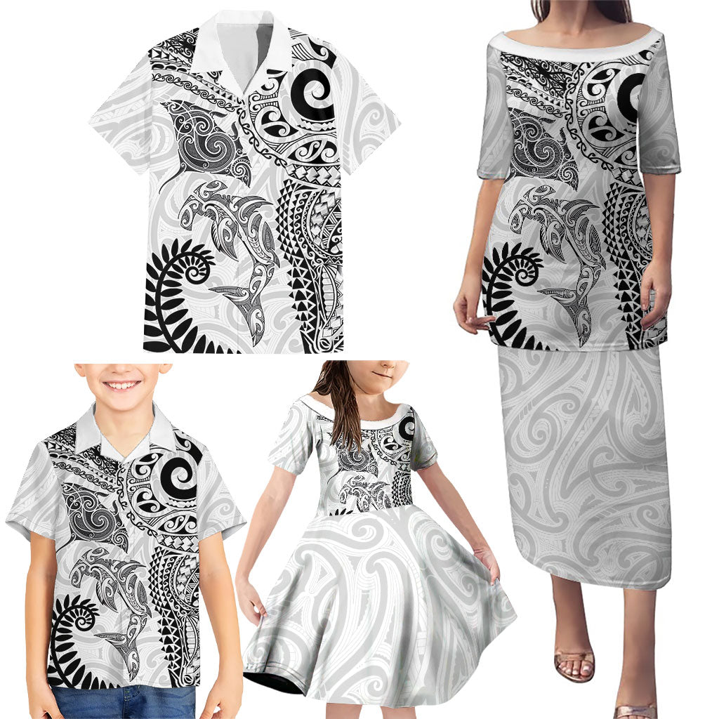 Aotearoa Maori Sea Animals Tribal Family Matching Puletasi and Hawaiian Shirt Manta Ray and Shark Moko Pattern White Color