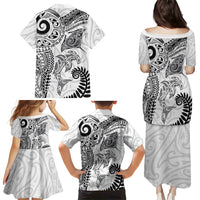 Aotearoa Maori Sea Animals Tribal Family Matching Puletasi and Hawaiian Shirt Manta Ray and Shark Moko Pattern White Color LT03 - Polynesian Pride